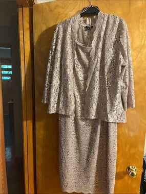 SLNY Taupe Lace Dress and Jacket Set